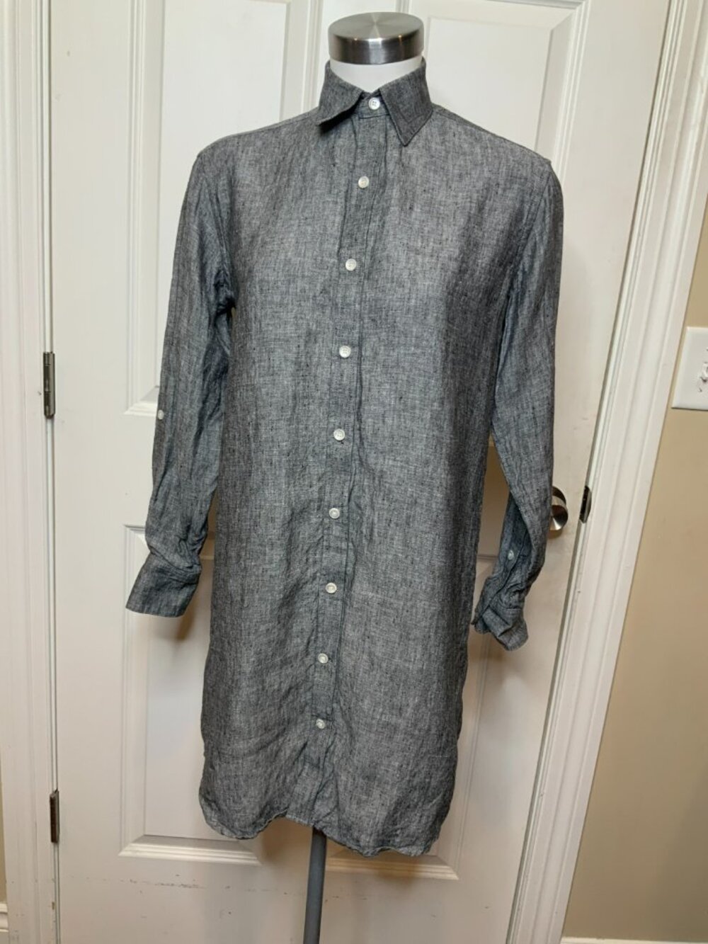Emily Phillips Dark Blue Linen Button Up Shirt Dress, Size 3 | 8 US